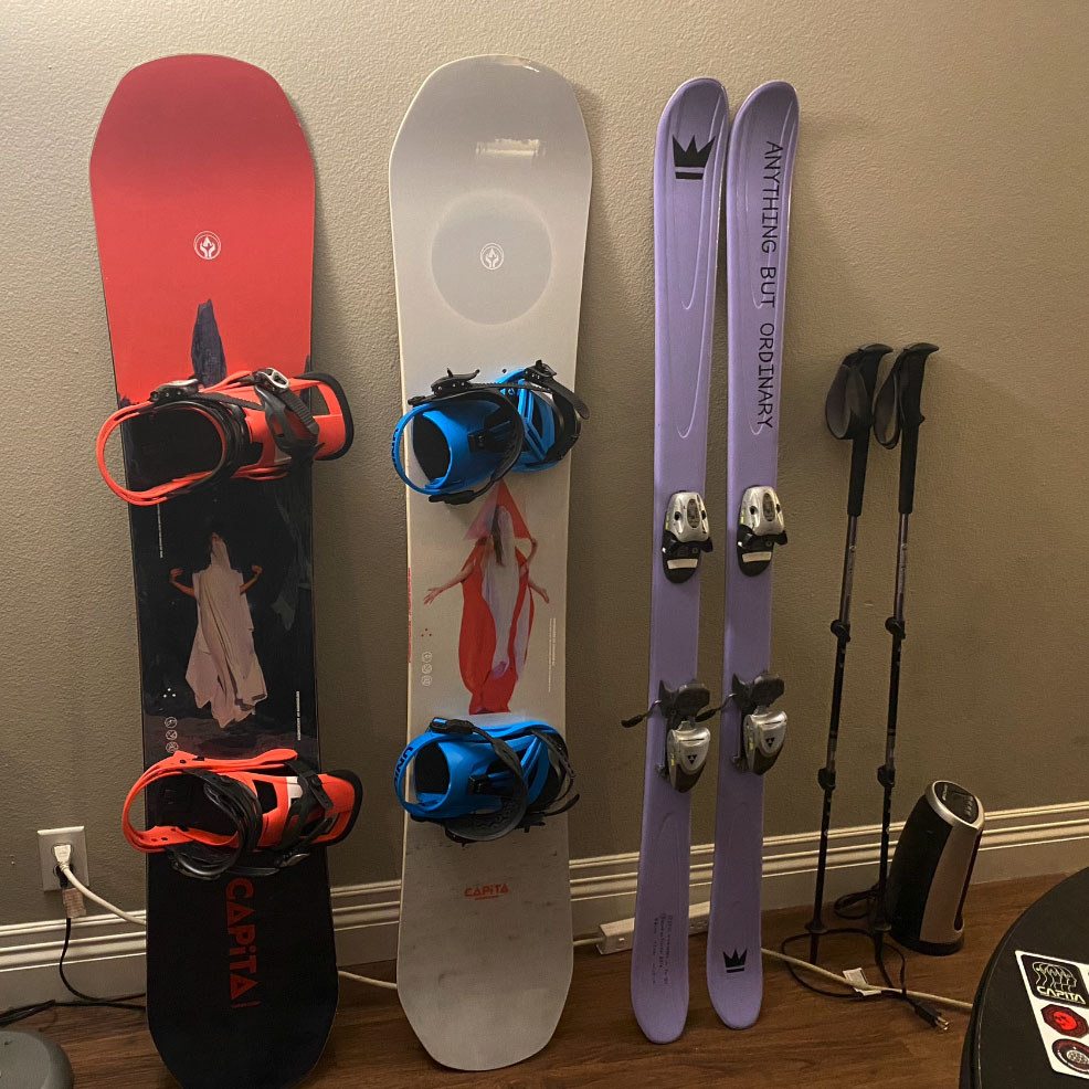 Snowboards and skis